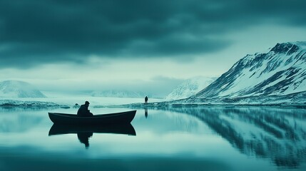   Two individuals on a watercraft, surrounded by nature's grandeur