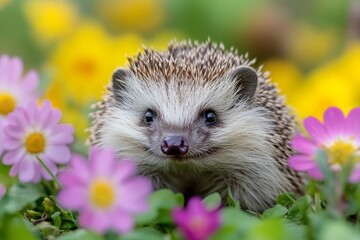 Fototapeta premium Small hedgehog enjoying a colorful flower meadow in springtime