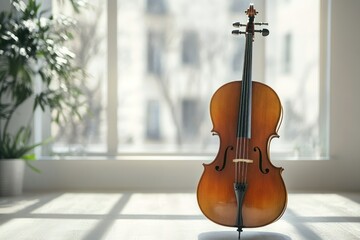 Elegant cello in bright interior with natural light and greenery