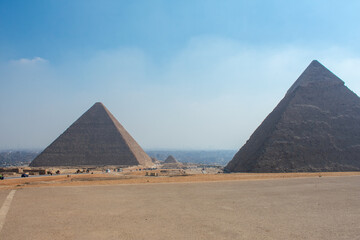 View of The Giza Necropolis, Famed archaeological site featuring the Great Pyramids, the Great...
