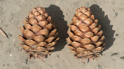 Fototapeta premium Two Pine Cones on Ground: Natural Forest Decor