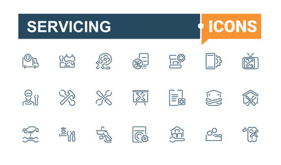 Servicing icon pack. Containing engine, repair, workshop, engineer, maintenance, gear, vehicle, phone and more. Thin linear style icons. Editable stroke. Vector collection.