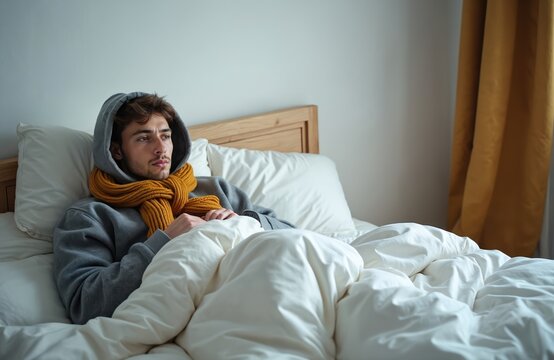 Young man in hoodie with scarf sitting on bed at home. Cold guy is sick with the flu, wearing warm clothes under blanket in winter time. Turning off the heating concept.