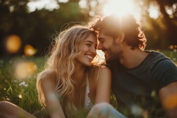 Fototapeta premium Young couple enjoying a romantic moment together in a meadow at sunset