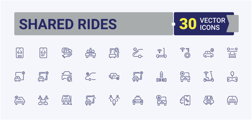 Ride Sharing icon pack. Includes thin line electric, graphic, auto, pool, hire, on, rent, sharing. Set of line pictogram. Editable stroke. Vector illustration.