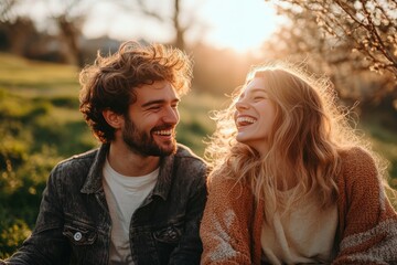Obraz premium Happy couple laughing together outdoors at sunset: sharing a special moment of joy and love