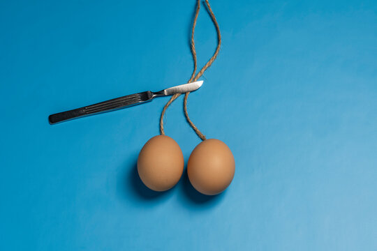 Doctor uses medical scalpel to cut the rope that holds two eggs on a blue background, closeup. The concept of vasectomy and men's health. Idea about male testicular health