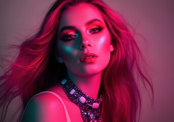 Obraz premium Stunning woman with vibrant makeup and flowing hair in pink lighting