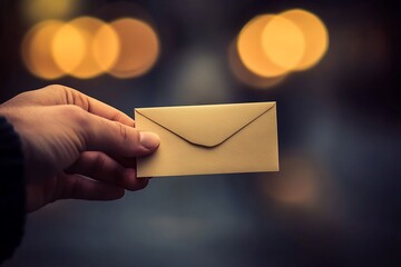 Hand holding small, tan envelope at night