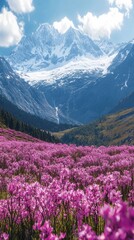Vibrant rhododendron flowers create a breathtaking carpet in a mountain valley, with snow-capped peaks towering in the distance