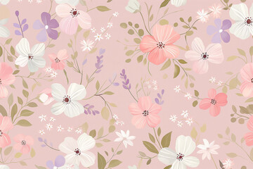 Fototapeta premium A cute floral background with a seamless repeat pattern design, featuring soft pink wallpaper as the base