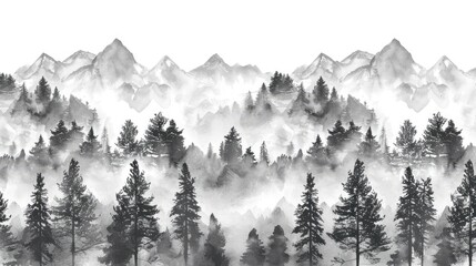 Fototapeta premium Seamless pattern with misty mountains and pine trees in black and white watercolor landscape design