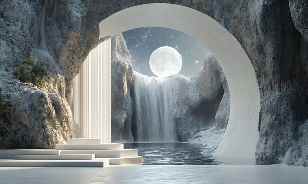 Mystical Waterfall Under Full Moon with Arch and Steps in Snowy Landscape