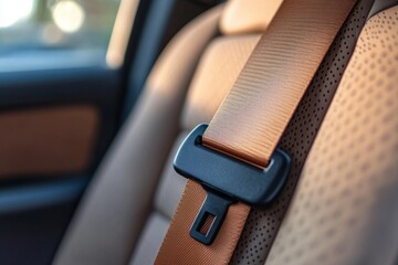 Close-up of fastened orange seat belt in a modern car, emphasizing the importance of safety