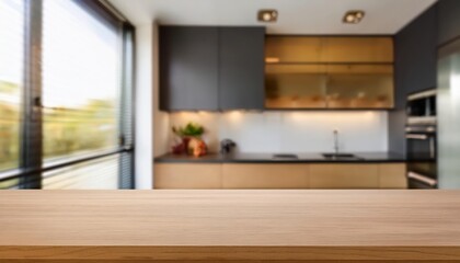 Copy Space on Modern Kitchen Table Amidst a Blurred, Minimalist Kitchen Room with Hints of Warm Tones and Sleek Textures, Embracing Serene Tranquility.