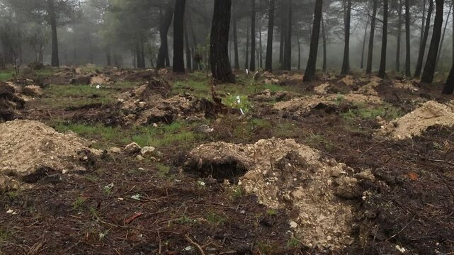 Tierra trabajada en el bosque para reforestaci&oacute;n en el paraje natural San Antonio de Alcoy, Espa&ntilde;a