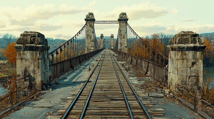 Obraz premium Abandoned railway bridge over river, autumnal landscape