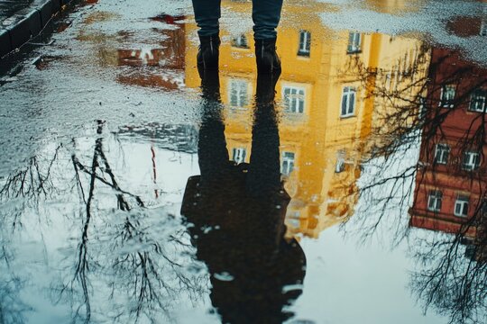 Low section of person wearing boots standing by puddle reflecting buildings and trees after rain