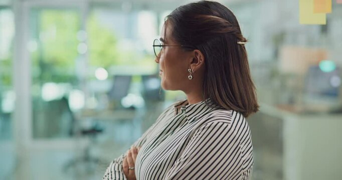 Business woman, thinking and confidence with glass board for schedule plan, brainstorming or vision at office. Female person, employee or creative designer with ambition or dream for tasks or agenda