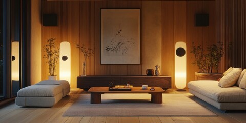 A modern minimalist living room shows ambient lighting and furniture