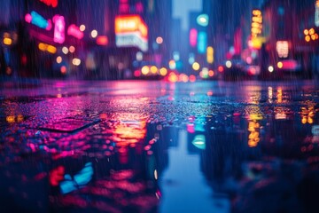 Obraz premium Wet city street at night reflecting neon lights while rain is falling