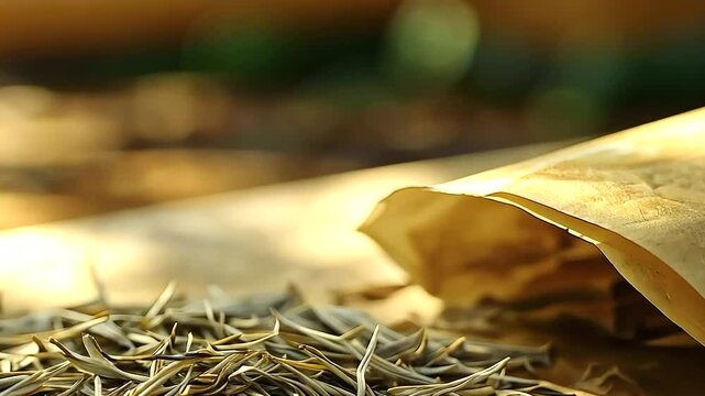 A close-up macro shot of loose white tea leaves resting on a sheet of parchment paper. Their delicate silvery tips glisten under soft, diffused lighting, emphasizing their rarity a