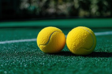 Naklejka premium Close-Up View of Two Bright Yellow Tennis Balls on Green Court