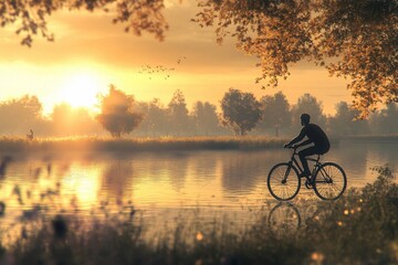 Obraz premium A cyclist riding leisurely along a serene lake, basking in the glow of the sunset