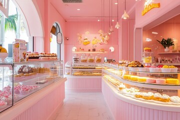 Bright and Cheerful Bakery Interior with Pink Decor and Desserts