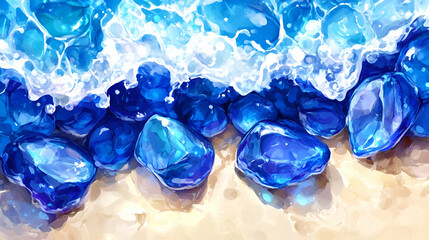 Fototapeta premium Beautiful Blue Gems on Sandy Beach with Gentle Waves Crashing, Ideal for Serene and Peaceful Backgrounds