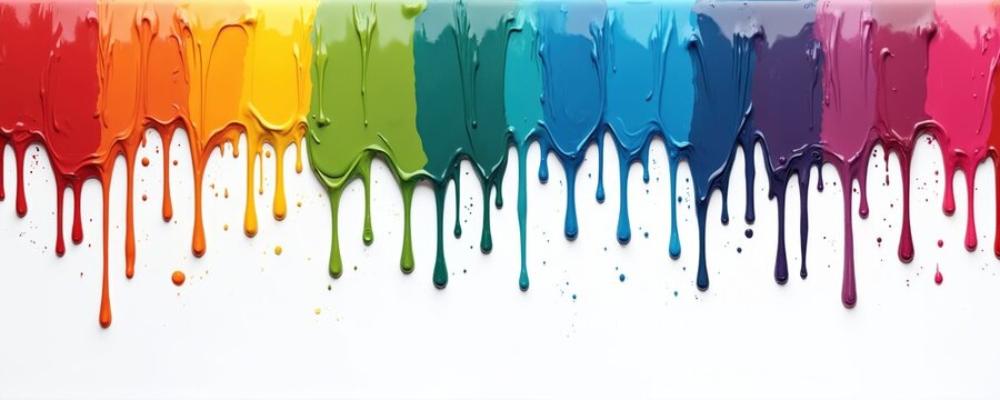 Colorful acrylic paint drips with liquid drops. Red, orange, yellow, green, blue, pink colors mix and flow. Abstract ai generative splash border design for art, brand, web backgrounds.
