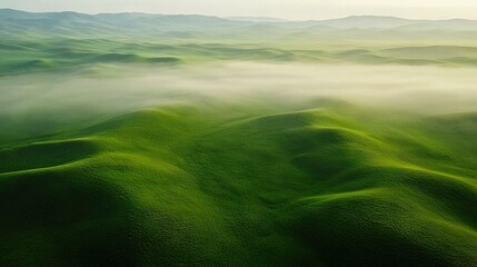 Obraz premium An aerial view of a verdant mountain range with low-lying clouds in the foreground and rolling hills in the background