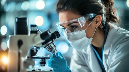 Scientist woman using a microscope in a lab.