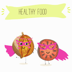 Bael fruit cute funny cheerful characters with different poses and emotions, wood apple whole and sliced. Vector hand drawn illistration.