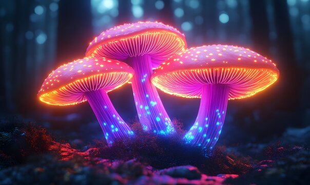 Glowing neon mushrooms in a dark forest illuminating the ground with their vibrant light