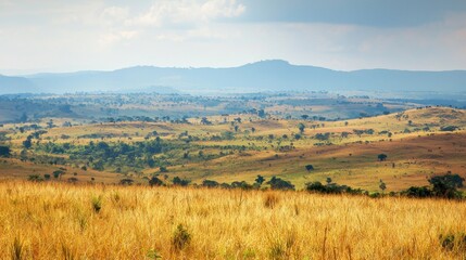 African savanna vista, golden grass, distant mountains, hazy day