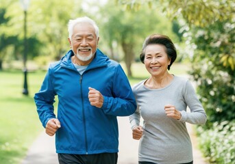 Happy elderly couple jogging together in a sunny park setting