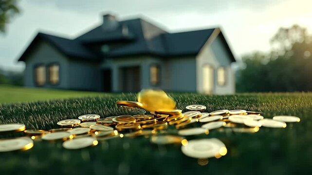 High-detail macro shot of a model home with golden coins scattered around, symbolizing property finance, mortgage planning, and smart investment decisions.