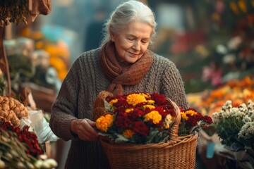 Senior woman holding a wicker basket selecting flowers at a vibrant outdoor market