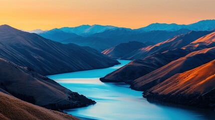 Obraz premium A lake bordered by peaks during golden hour