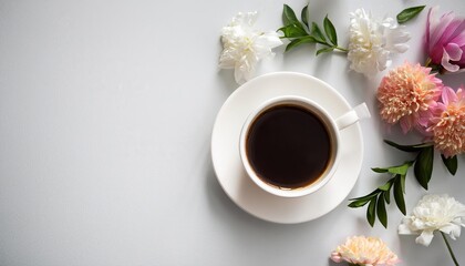Vibrant Bouquet Arrangement Against a Minimalist Backdrop A Fresh Brew of Americano Adds Warmth to the Scene, Perfect for Digital Art, Home Decor, and Design Inspiration
