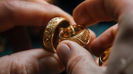 A jeweler’s hands delicately engraving initials on a pair of gold wedding rings.

