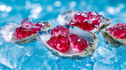 Fresh oysters with vibrant jelly pearls on ice in a seafood display, perfect for gourmet cuisine photography and culinary inspiration