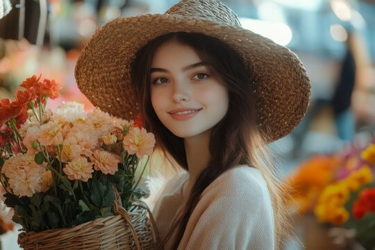 Beautiful young woman wearing a straw hat holding a basket of flowers and smiling at a flower market