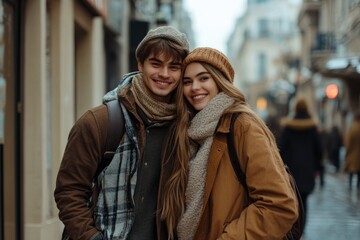 Obraz premium Young tourists wearing winter clothes and smiling while visiting a city during wintertime