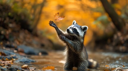 Obraz premium A curious raccoon reaches for a falling leaf in a serene autumn setting. The warm colors create a peaceful atmosphere. Nature captivates our senses and inspires us. Generative AI