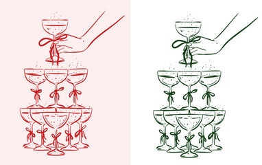 Minimal line art champagne tower with hand holding glass, Hand drawn sparkling wine tower with bows, 
Champagne tower illustration for wedding and party stationery, posters and web design