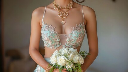 Bride holding white rose bouquet, wearing ornate gold necklace and mint green embroidered top.