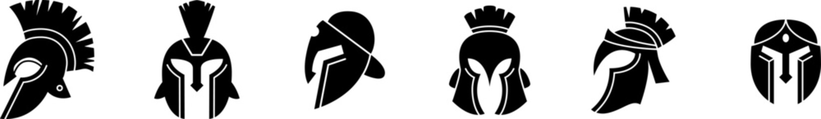 Vector set of Spartan helmets silhouettes isolated on a white background. Roman and Greek warrior helmet designs.



