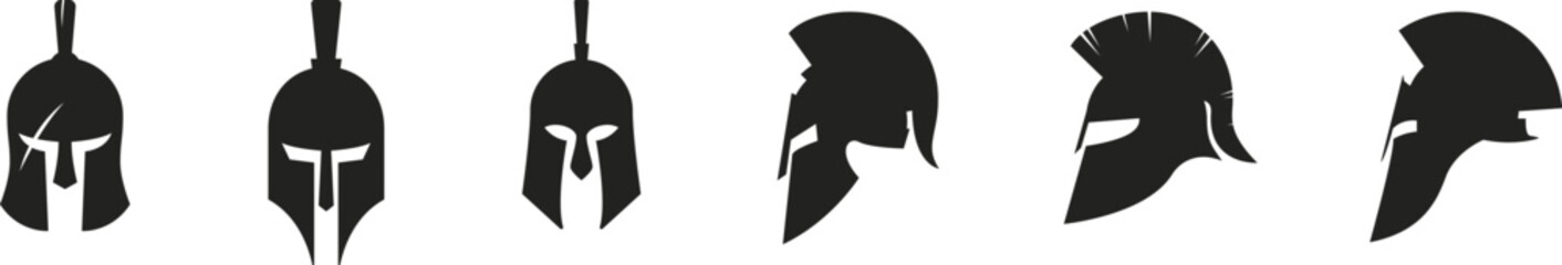 Vector set of Spartan helmets silhouettes isolated on a white background. Roman and Greek warrior helmet designs.



